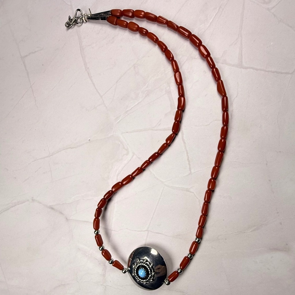 Vintage Red Coral Beads and Turquoise Necklace